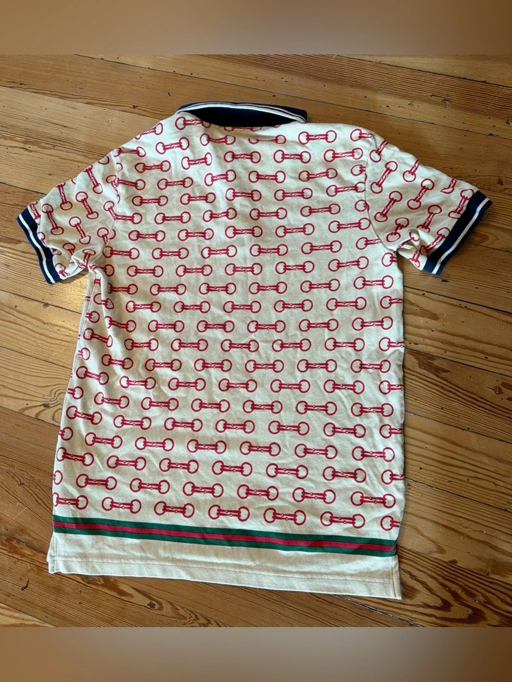 GUCCI HORSEBIT PRINT COTTON POLO SHIRT Cream Red Size Small